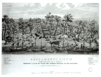 Sacramento City, Kalifornien, vom Fuß der J. Straße mit Blick auf die I., J. und K. Straßen und die Sierra Nevada in der Ferne, graviert von William Endicott und Co., 1849